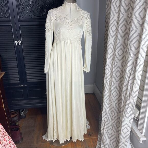 Vintage 70s Bohemian Peasant‎ Hippie Jersey Lace Top Empire Wedding Gown Train 2 - Picture 1 of 9